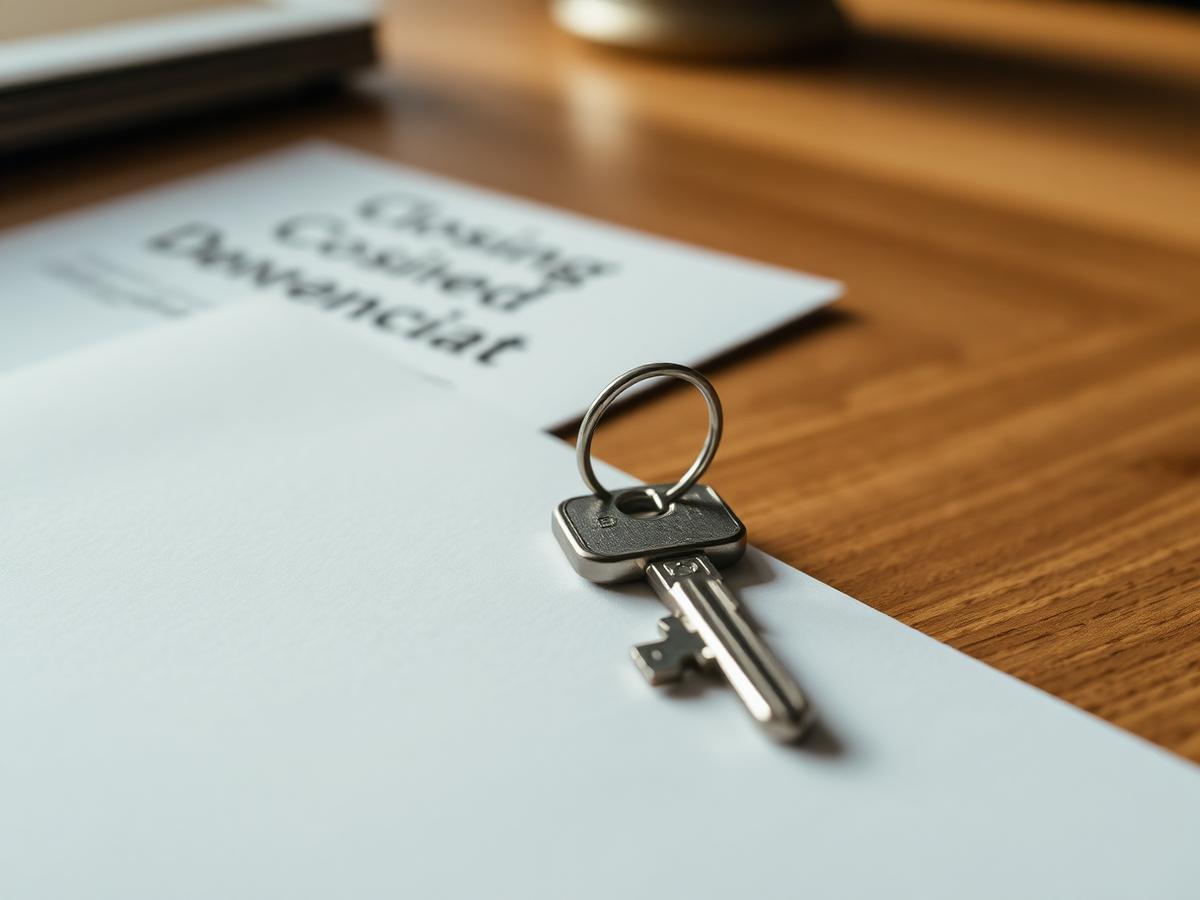 House key resting on closing paperwork on a wooden table