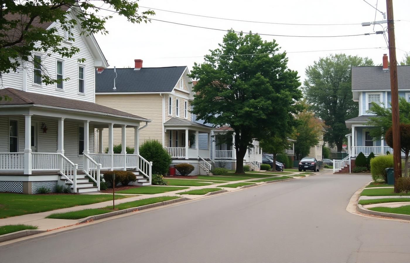 Quiet residential street of modest homes with front porches